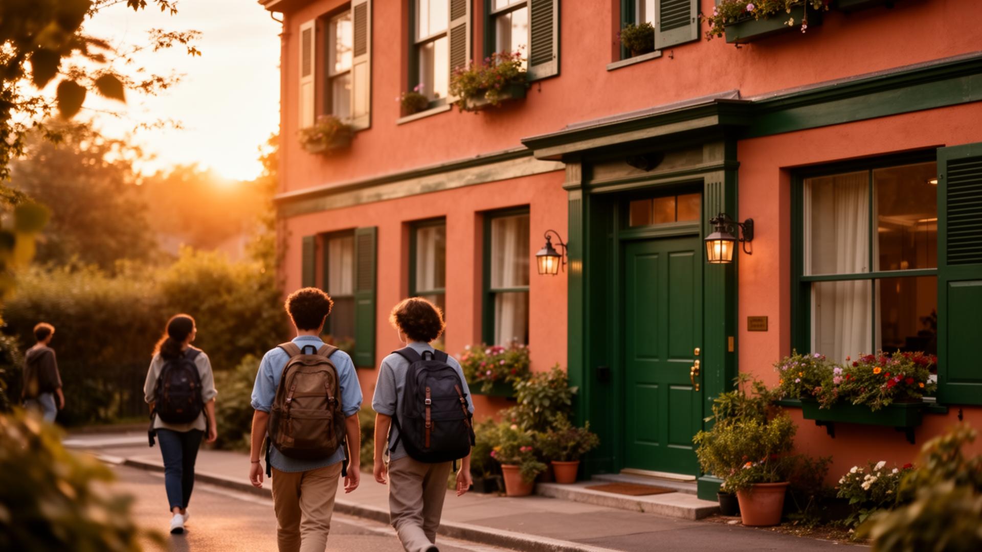 Students walking up to a warm boarding house at sunset